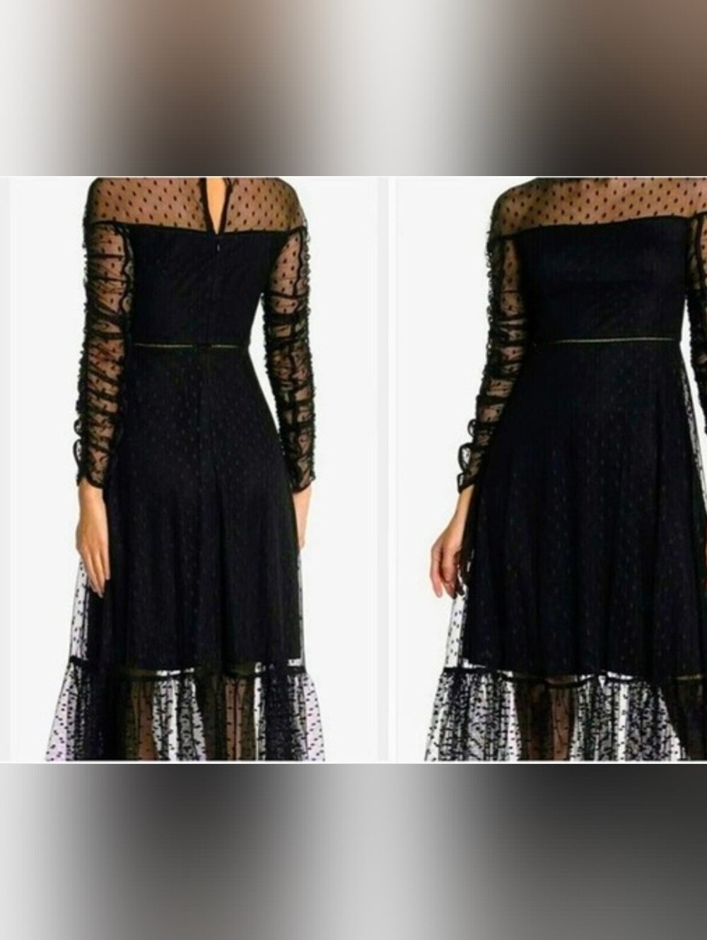 Betsey Johnson Black Polka Dot Ruffle Hem Mesh Ruched-Sleeve Dress SZ 2